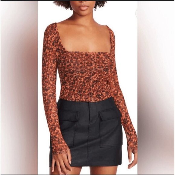 NWT Steve Madden Women’s Hayden Long Sleeve Sheer Brown Square Neck Top - Sz 2X - Picture 1 of 9